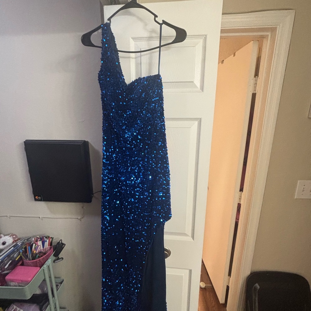 Blue Sequin One-Shoulder Dress